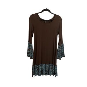 Rustic West Brown Teal Floral Embroidered Long Bell Sleeves Dress Womens Size M